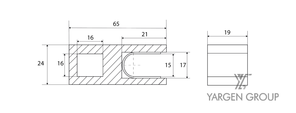 Állítható támrúdvég-siküveghez, 15*15 mm, Rozsdamentes AISI304 rajz