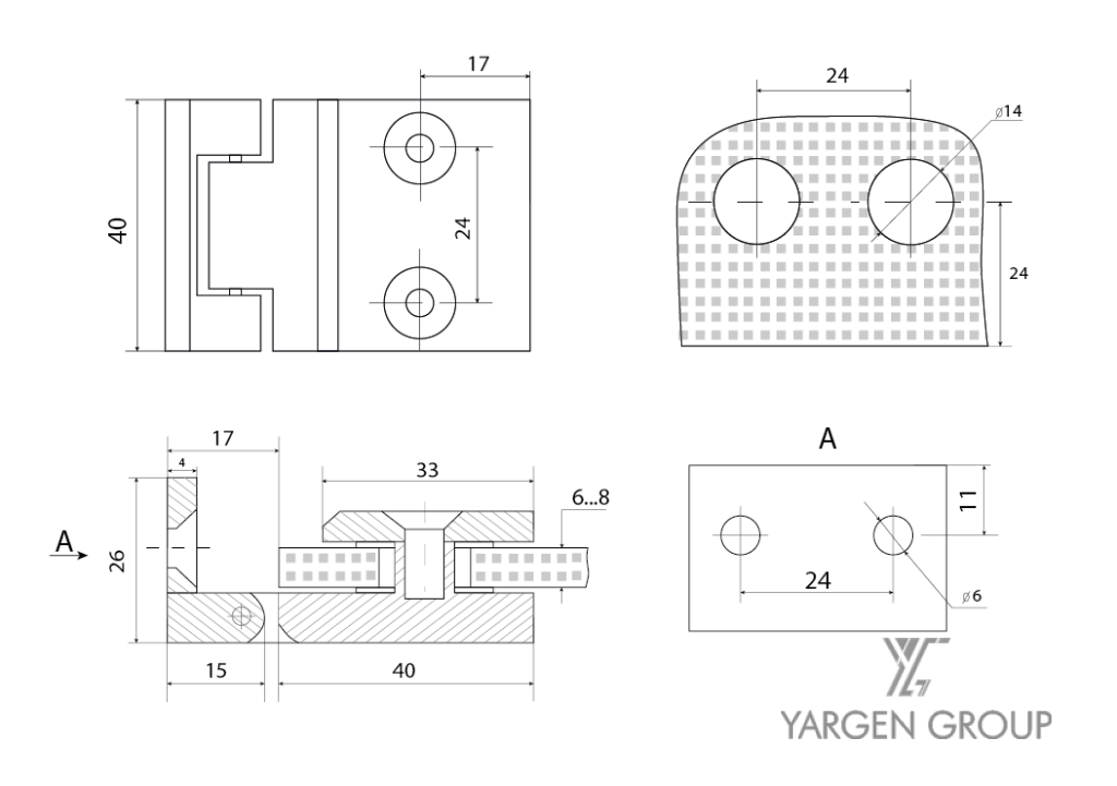 Csuklópánt fal/üveg Rozsdamentes AISI304 Nem rugós 90° rajz