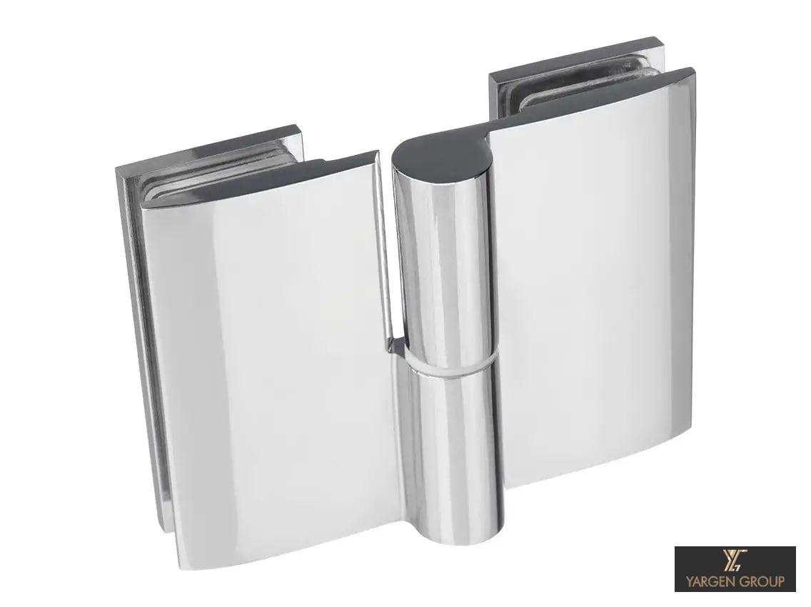 Zuhanypánt, kiemelő kivitel, üveg–üveg, 180°, balos, polírozott króm